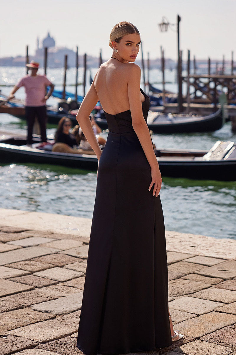 L1799 - Halter Sleeveless Satin Sheath Long Prom Formal Gown With Slit