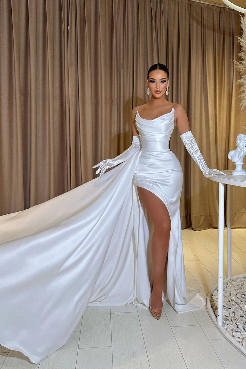 L1806 - Scoop Strapless Ruched Satin Sheath Prom Evening Gown With Slit