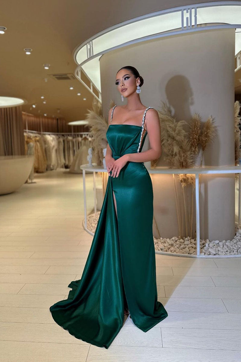 L1807 - Square Neck Beaded Ruched Satin Sheath Prom Evening Gown With Slit