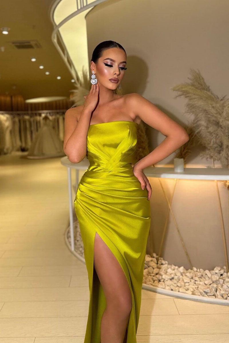 L1808 - Strapless Ruched Satin Sheath Long Prom Evening Gown With Thigh Slit