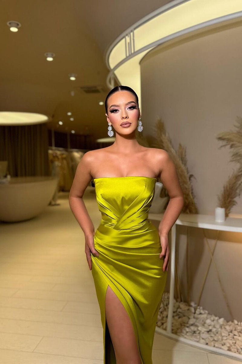 L1808 - Strapless Ruched Satin Sheath Long Prom Evening Gown With Thigh Slit