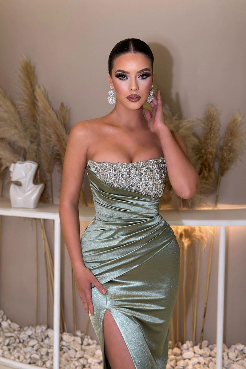 L1812 - Strapless Sequined Ruched Satin Sheath Long Prom Evening Gown