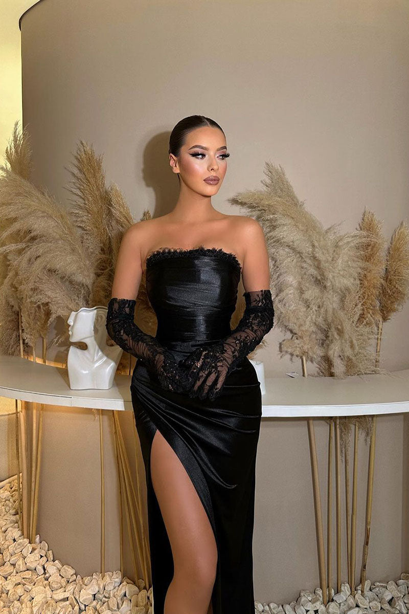L1814 - Strapless Ruched Satin Sheath Long Prom Evening Gown With Slit