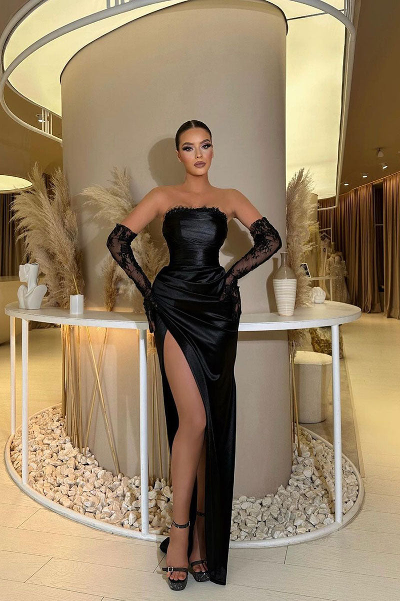 L1814 - Strapless Ruched Satin Sheath Long Prom Evening Gown With Slit
