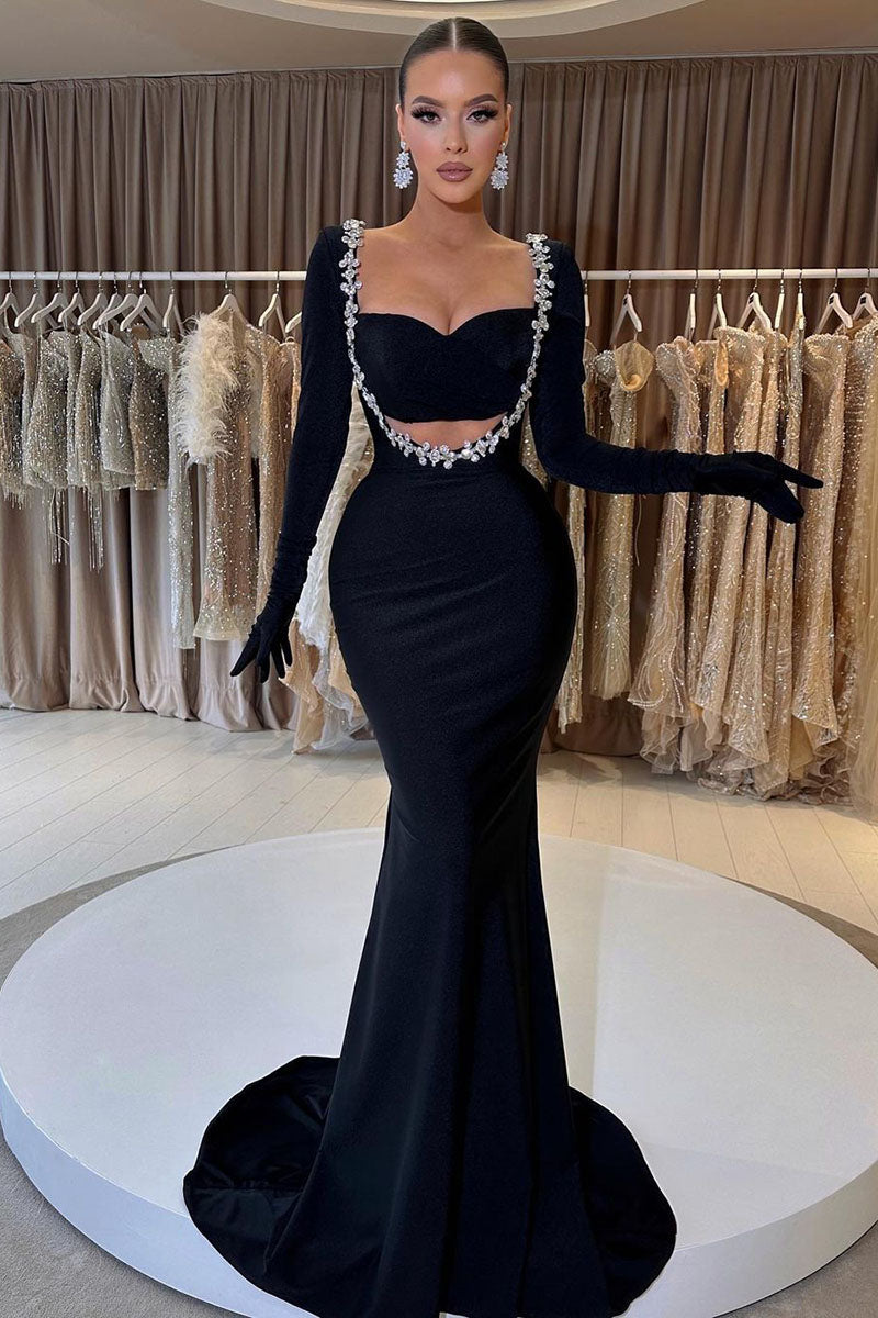 L1815 - Sweetheart Long Sleeves Beaded Sheath Long Prom Evening Gown