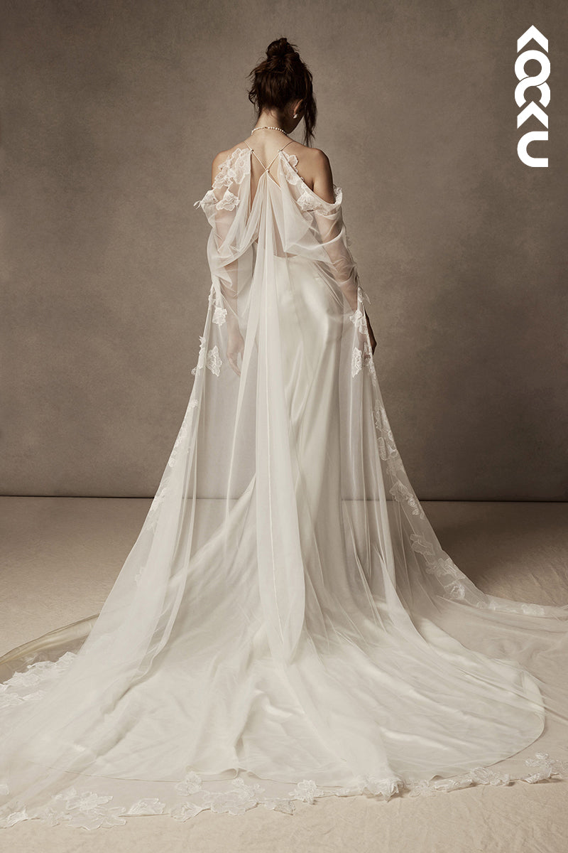 K1823 - Spaghetti Straps Satin Tulle Mermaid Long Wedding Dress With Sweep Train