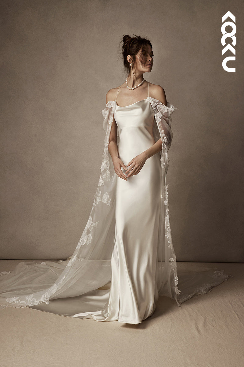 K1823 - Spaghetti Straps Satin Tulle Mermaid Long Wedding Dress With Sweep Train