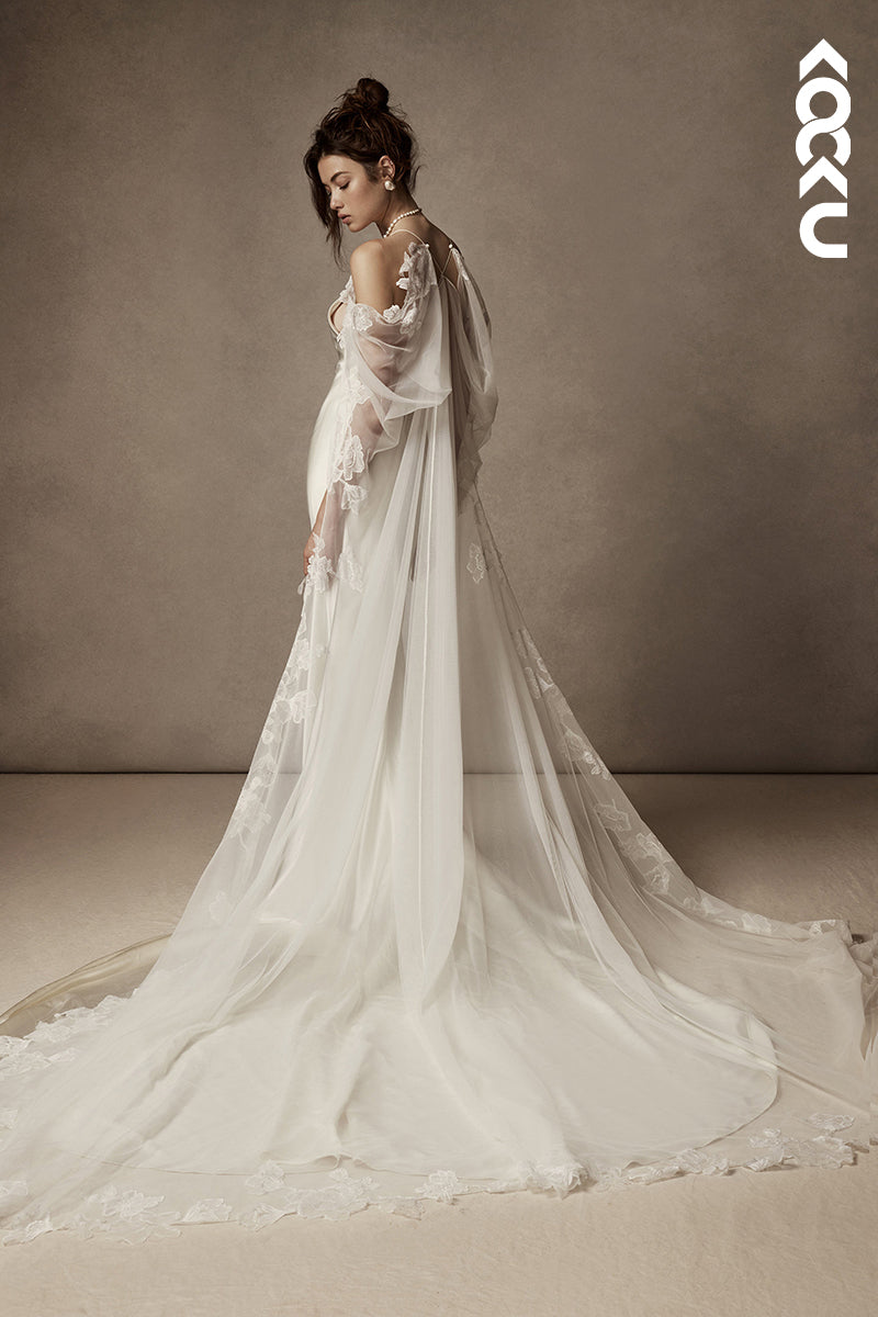 K1823 - Spaghetti Straps Satin Tulle Mermaid Long Wedding Dress With Sweep Train