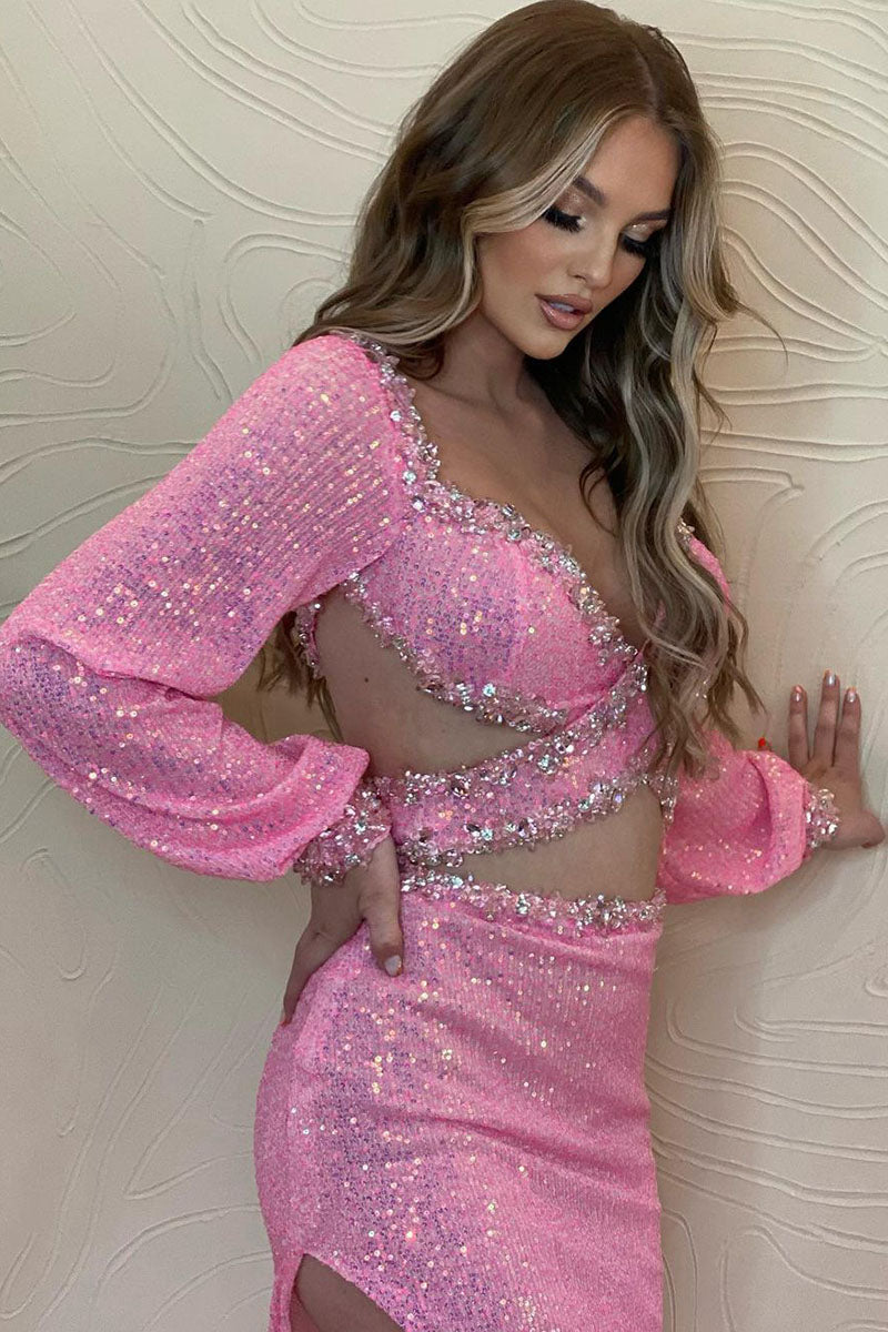 L1823 - V-Neck Long Sleeves Sequined Beaded Sheath Long Prom Gown