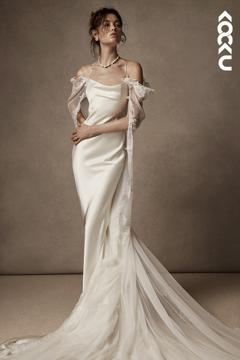 K1823 - Spaghetti Straps Satin Tulle Mermaid Long Wedding Dress With Sweep Train