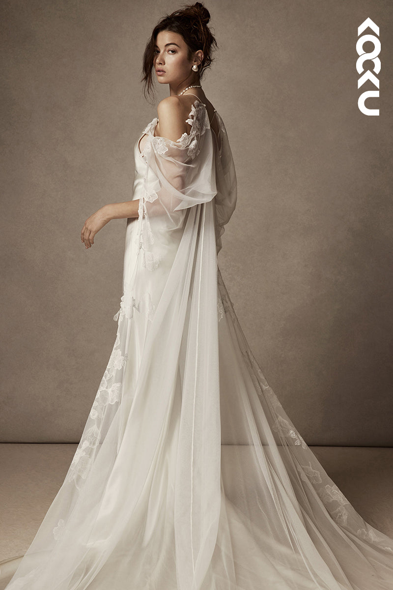 K1823 - Spaghetti Straps Satin Tulle Mermaid Long Wedding Dress With Sweep Train