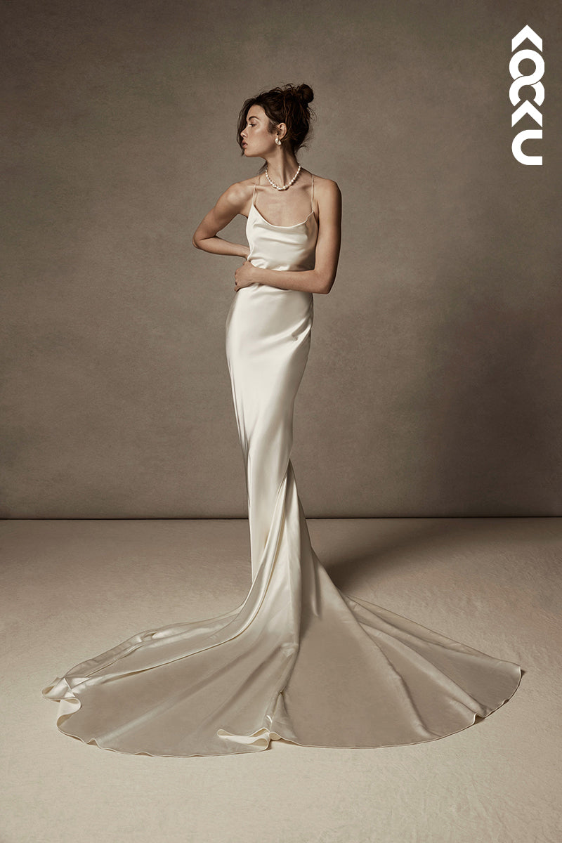 K1823 - Spaghetti Straps Satin Tulle Mermaid Long Wedding Dress With Sweep Train
