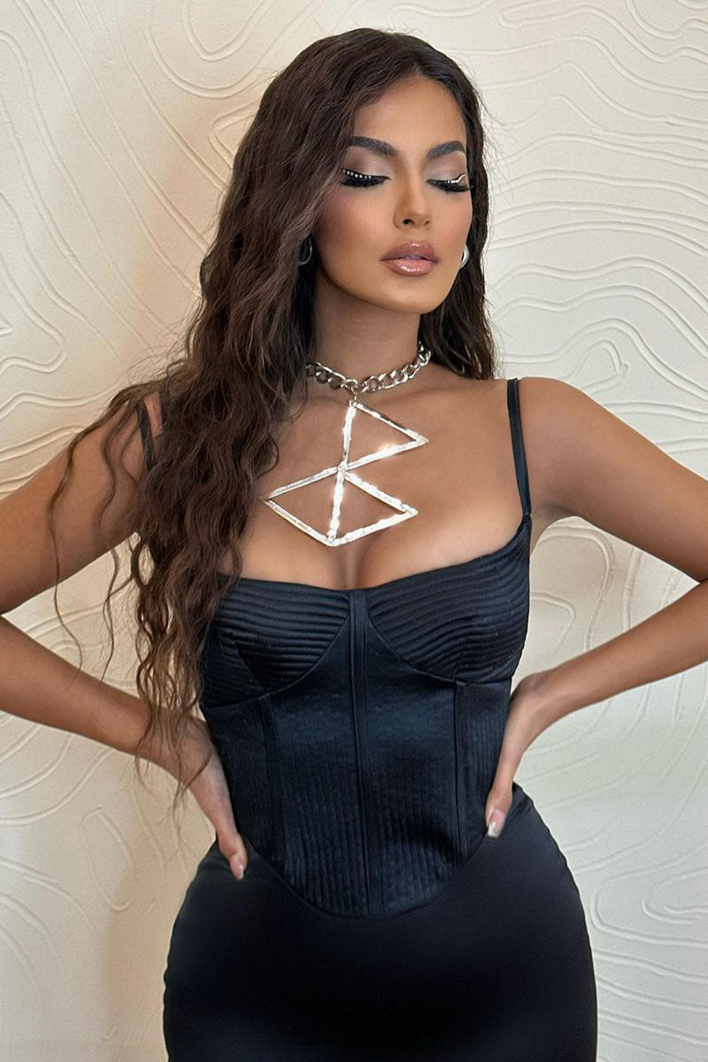 L1825 - Square Neck Spaghetti Straps Satin Sheath Long Prom Evening Gown