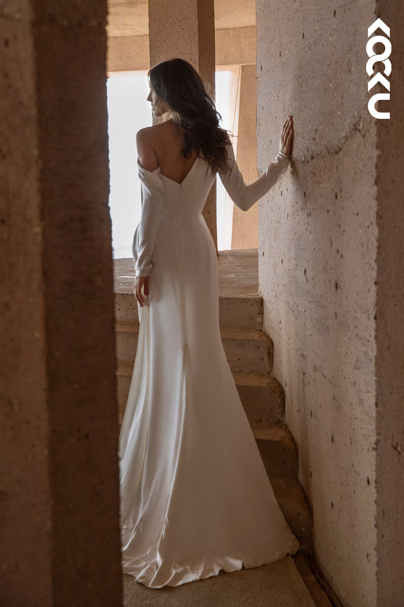 K1826 - One Shoulder Long Sleeves Ruched Satin Sheath Long Wedding Dress With Slit