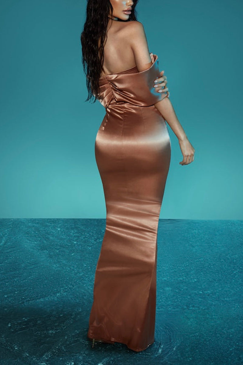 L1830 - V-Neck Off-Shoulder Ruched Satin Sheath Long Formal Evening Gown