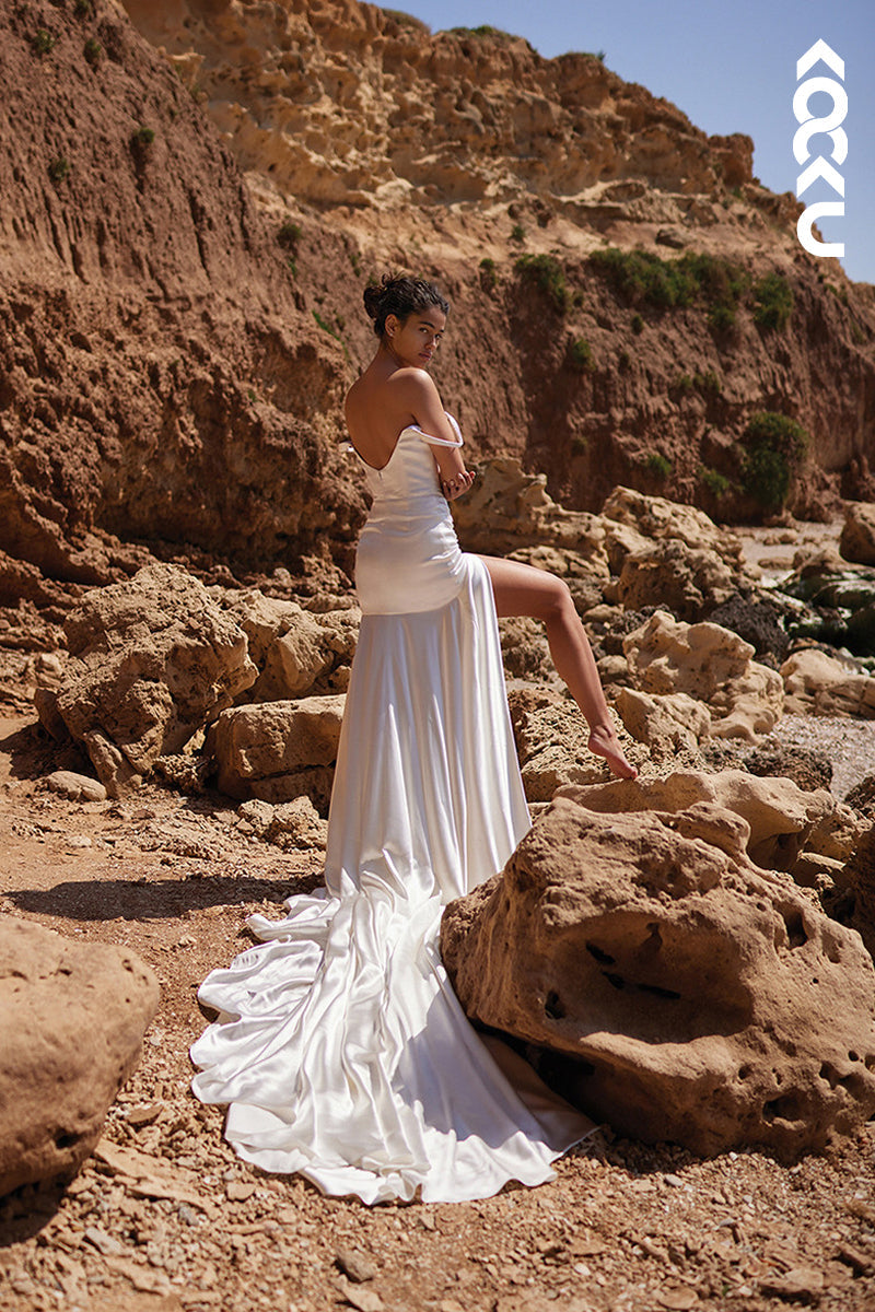 K1831 - Square Neck Sleeveless Beaded Ruched Satin Sheath Long Wedding Dress
