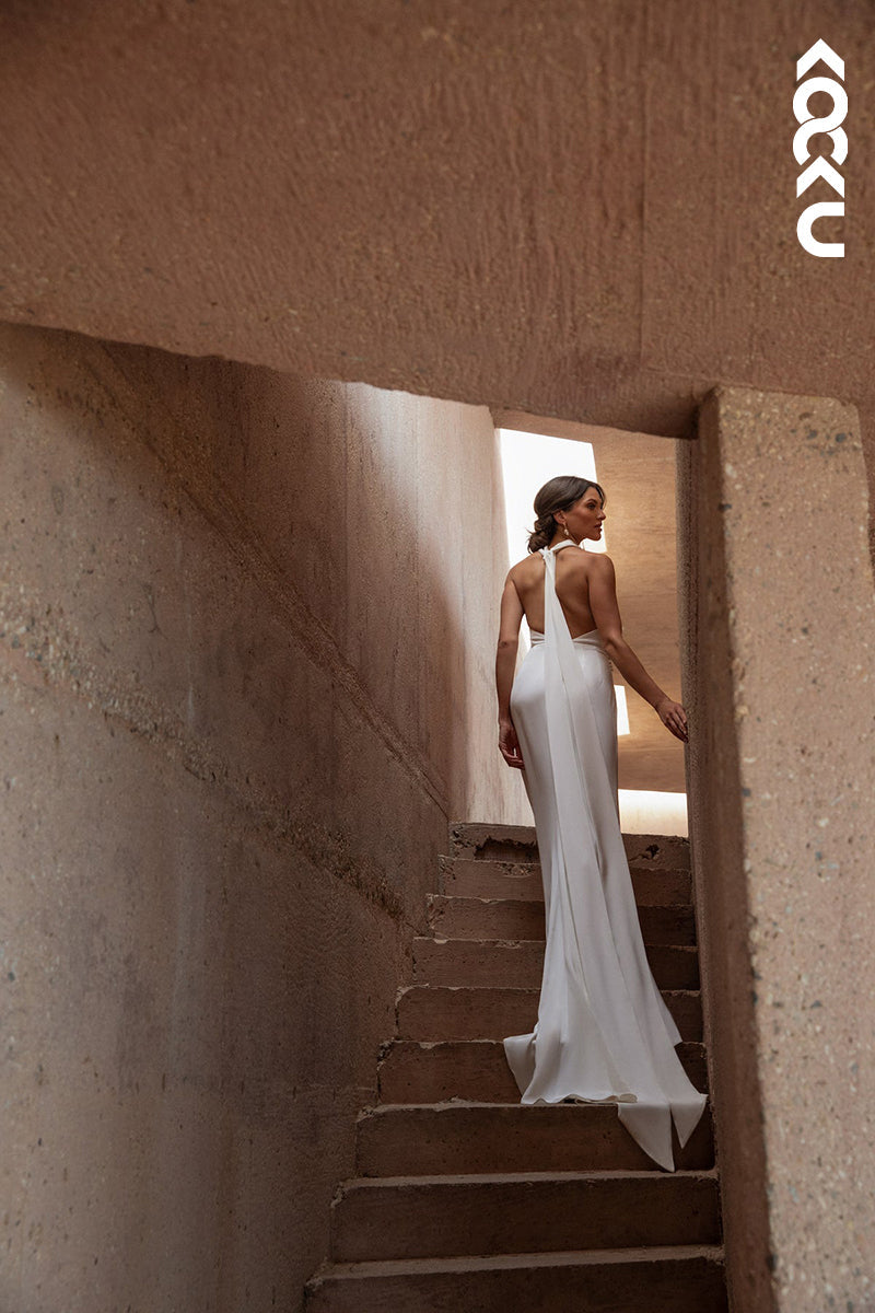 K1833 - Cross Neck Halter Backless Ruched Satin Sheath Long Wedding Dress