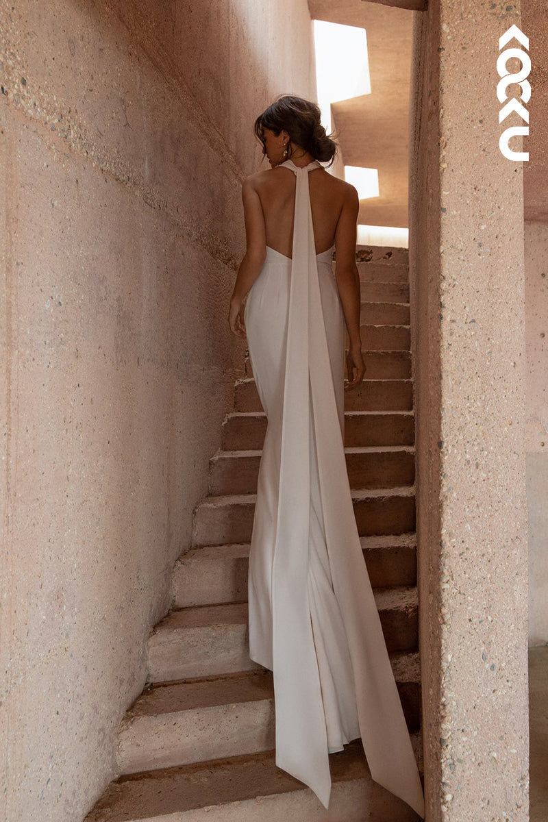 K1833 - Cross Neck Halter Backless Ruched Satin Sheath Long Wedding Dress
