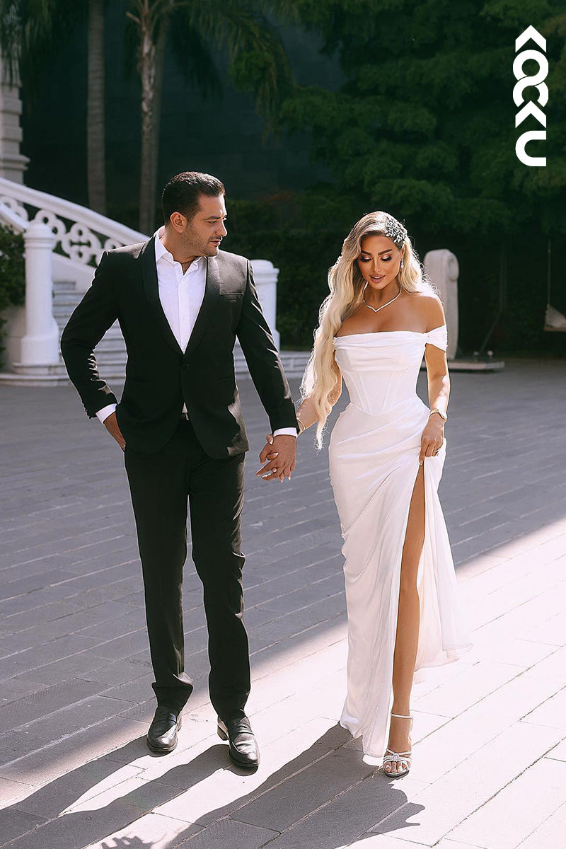 K1840 - Off-Shoulder Sleeveless Ruched Satin Sheath Long Wedding Dress With Slit