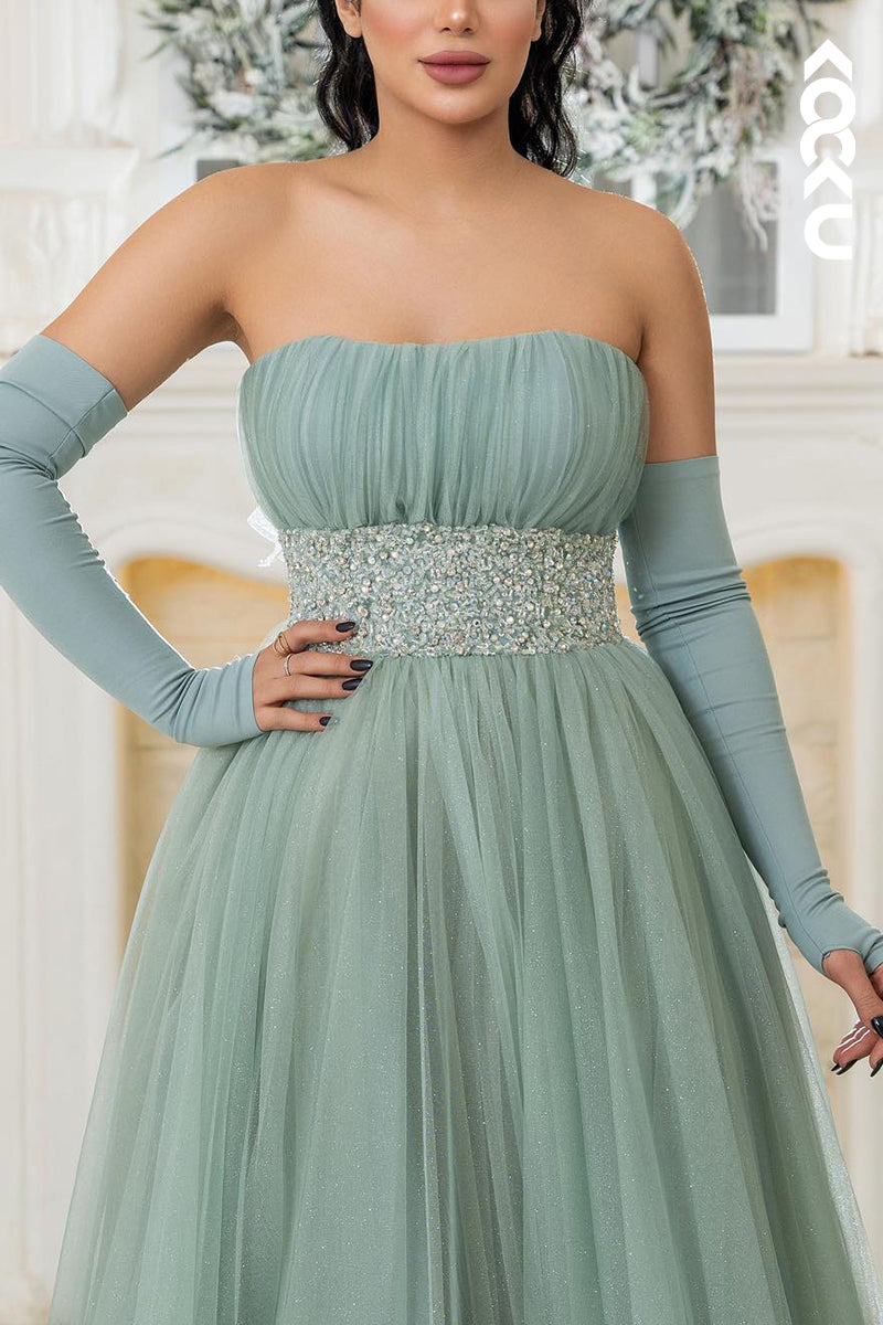 L1883 - Strapless Sleeveless Sequined Ruched Tulle A-Line Long Wedding Dress