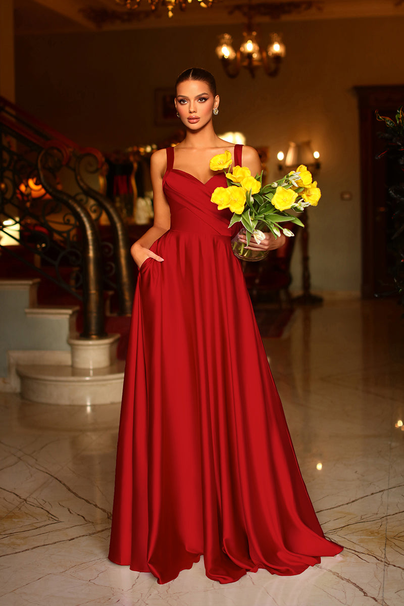 L1944 - Simple V-Neck Sleeveless Ruched Satin A-Line Long Prom Evening Dress