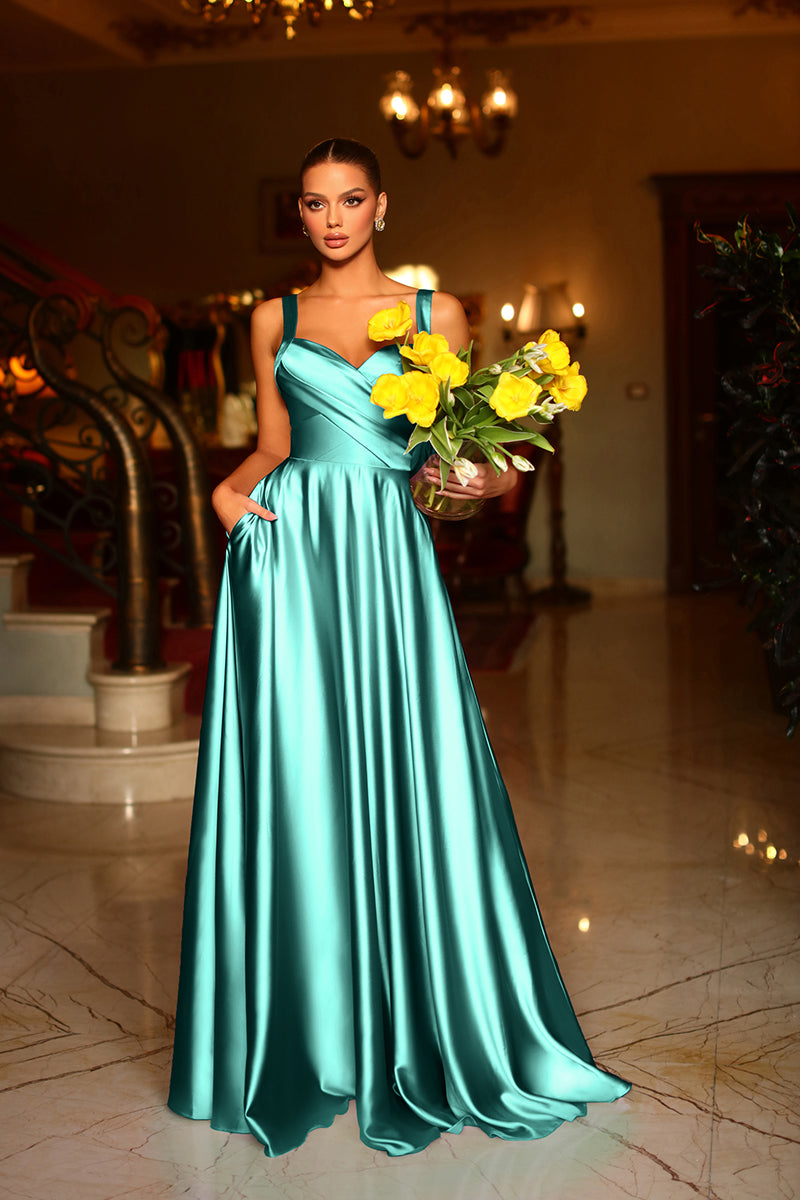 L1944 - Simple V-Neck Sleeveless Ruched Satin A-Line Long Prom Evening Dress