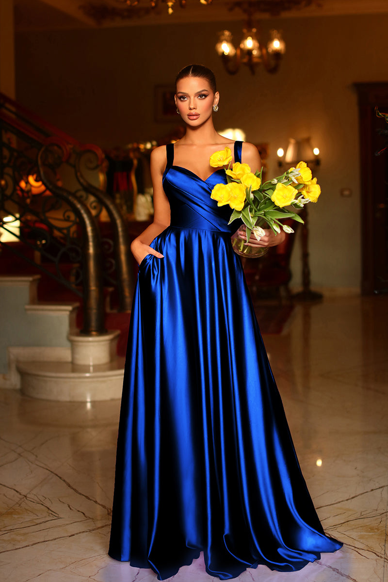 L1944 - Simple V-Neck Sleeveless Ruched Satin A-Line Long Prom Evening Dress