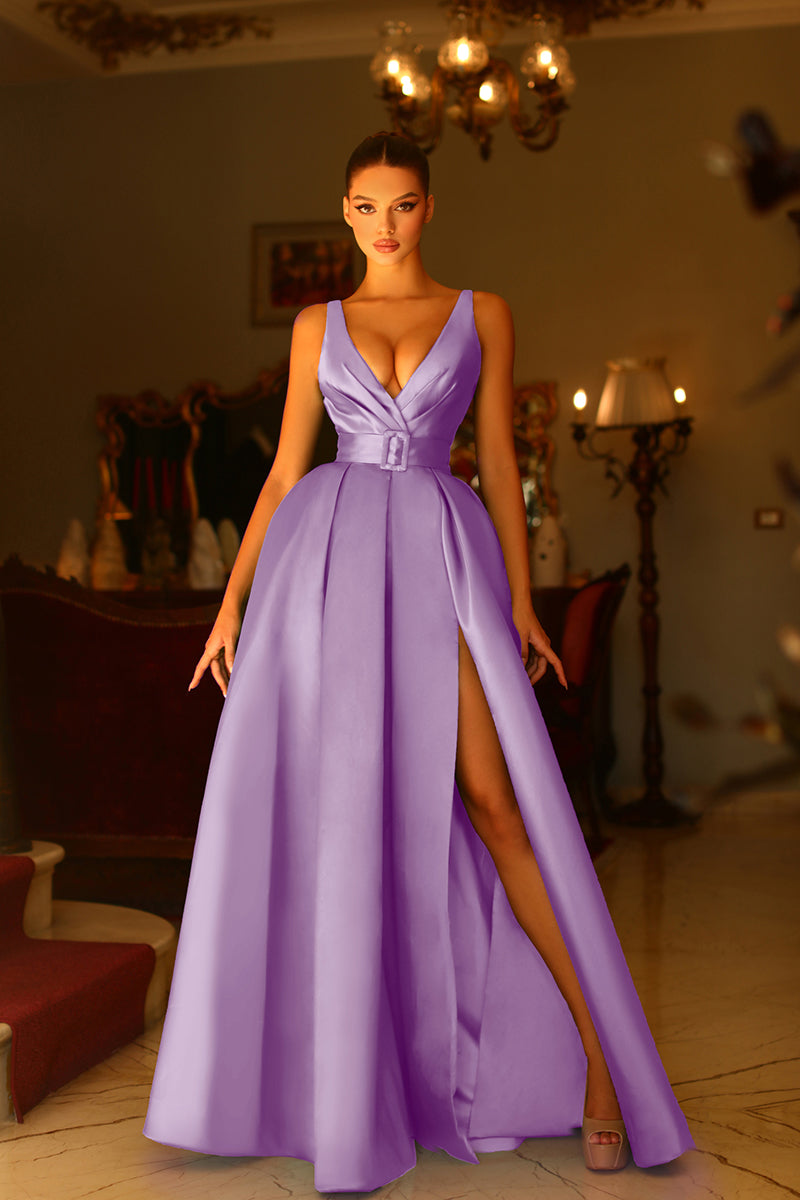 L1945 - V-Neck Sleeveless Ruched Satin A-Line Long Prom Evening Dress With Slit