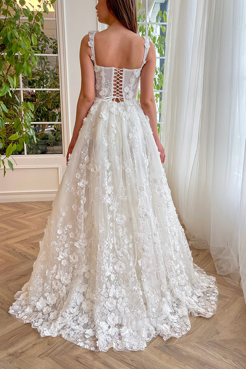 L1967 - Square Neck Lace Appliqued Tulle A-Line Long Prom Evening Dress With Slit