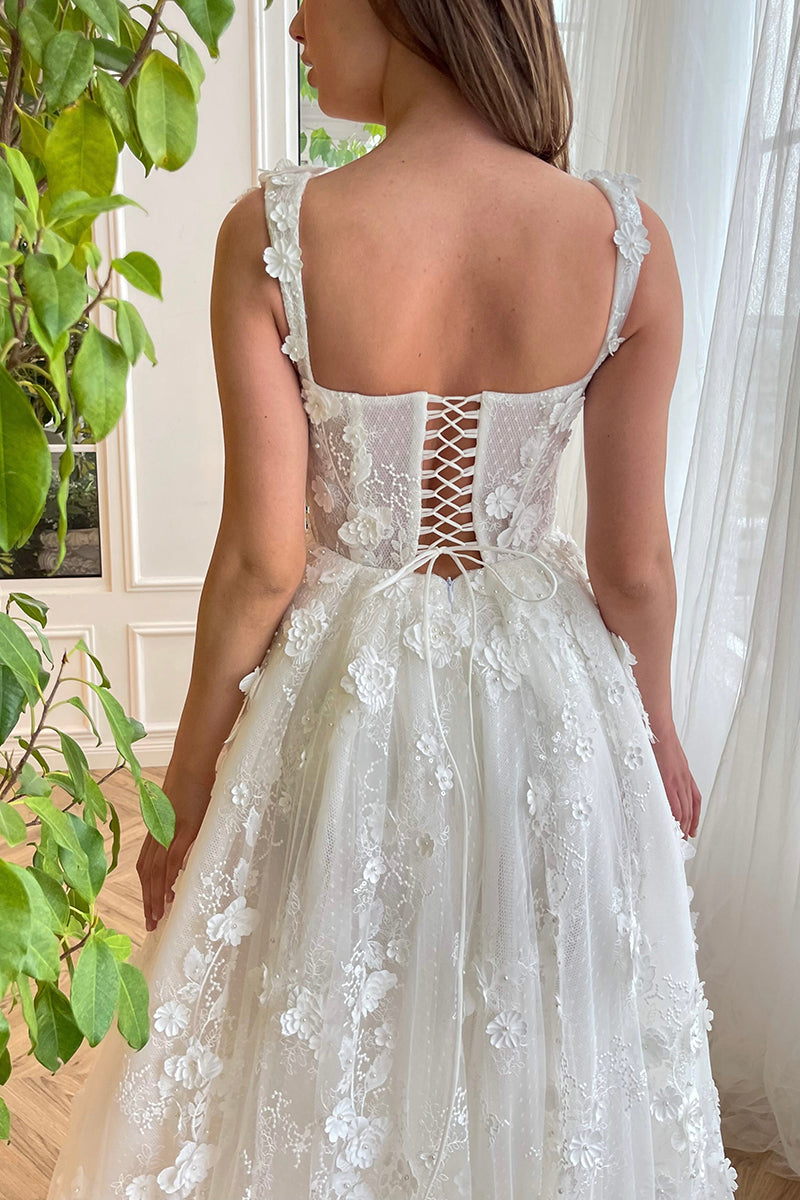 L1967 - Square Neck Lace Appliqued Tulle A-Line Long Prom Evening Dress With Slit