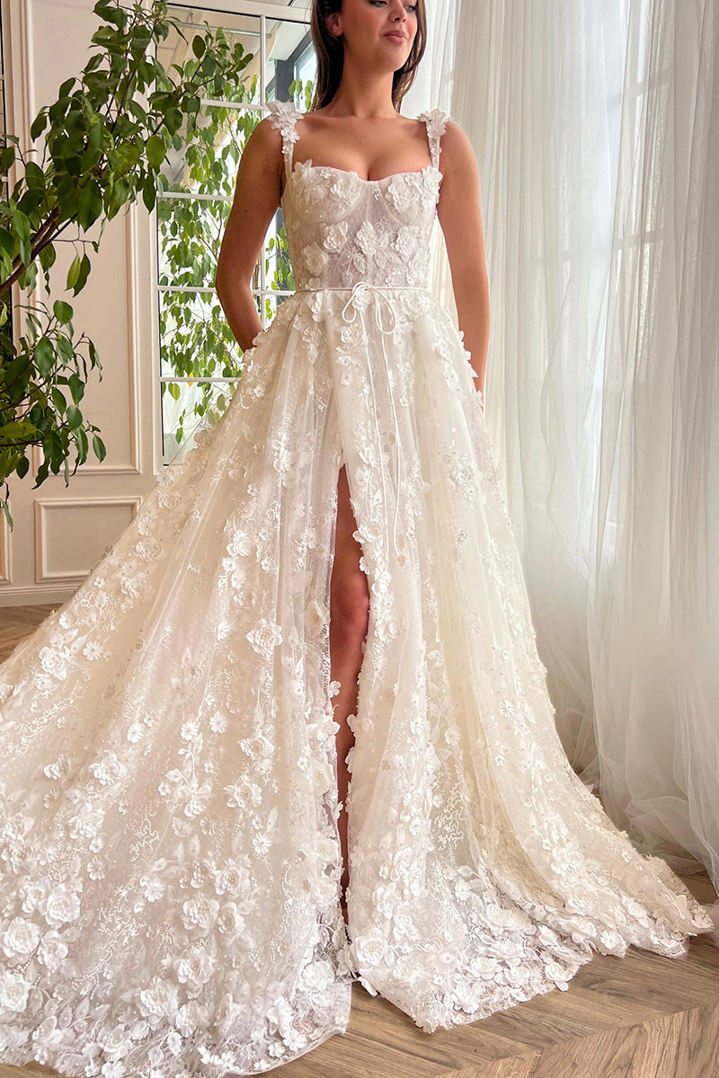 L1967 - Square Neck Lace Appliqued Tulle A-Line Long Prom Evening Dress With Slit