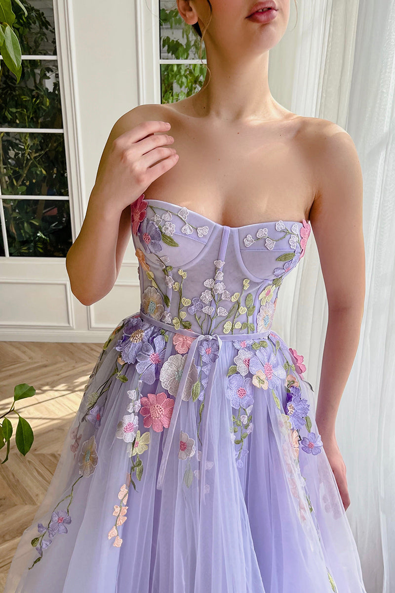 L1968 - Sweetheart Strapless Floral Appliqued Tulle A-Line Long Prom Evening Dress
