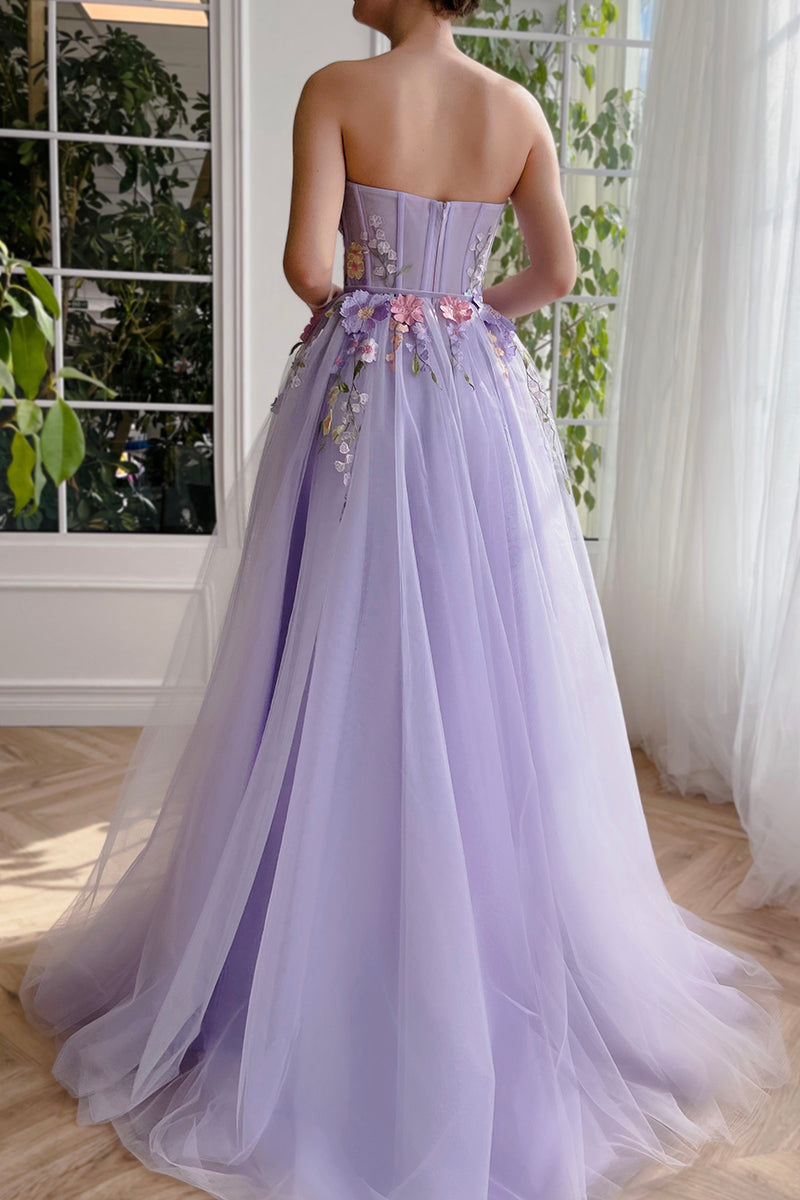 L1968 - Sweetheart Strapless Floral Appliqued Tulle A-Line Long Prom Evening Dress