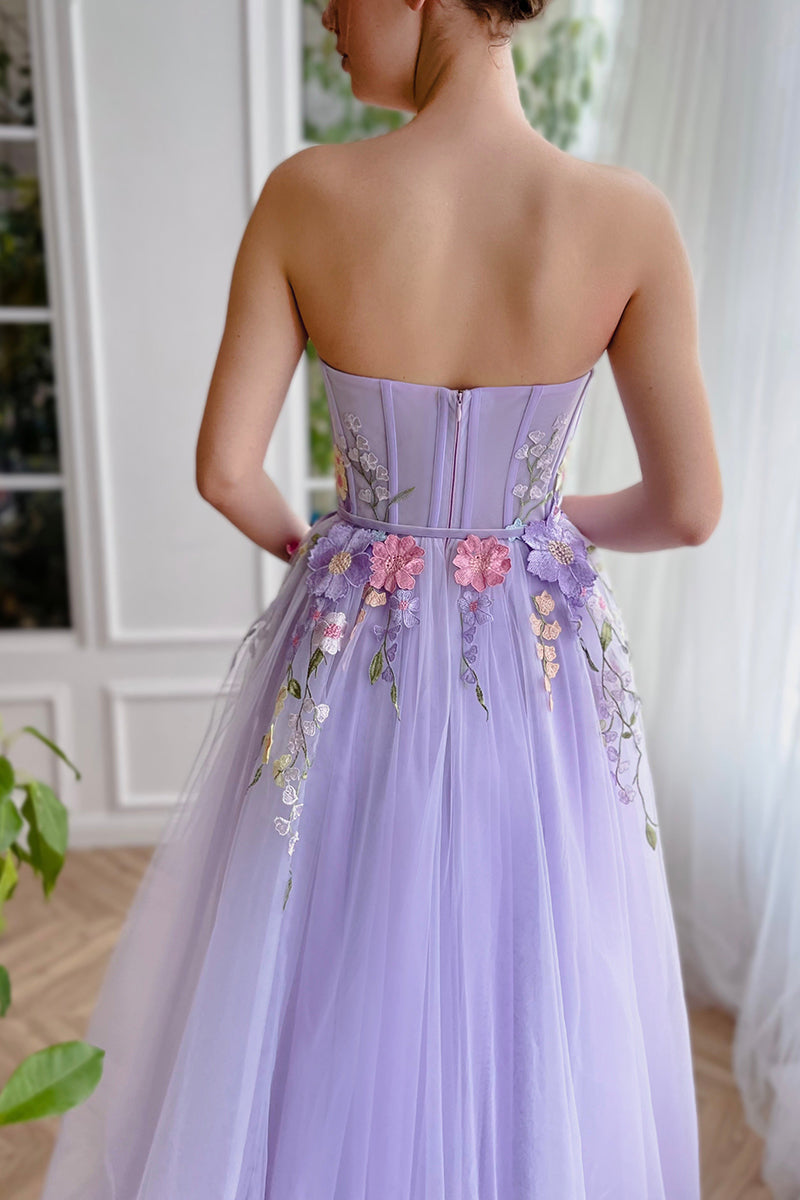 L1968 - Sweetheart Strapless Floral Appliqued Tulle A-Line Long Prom Evening Dress