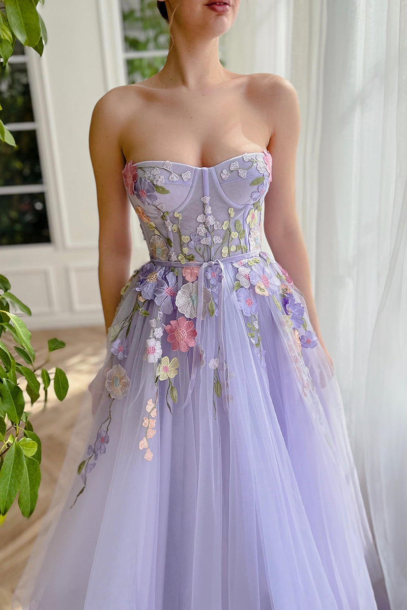 L1968 - Sweetheart Strapless Floral Appliqued Tulle A-Line Long Prom Evening Dress
