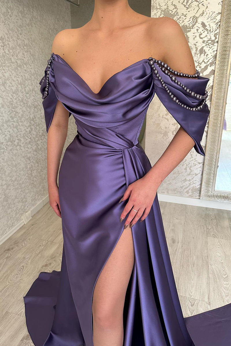 L1977 - Off-Shoulder Beaded Ruched Satin Sheath Long Evening Prom Dress With Slit