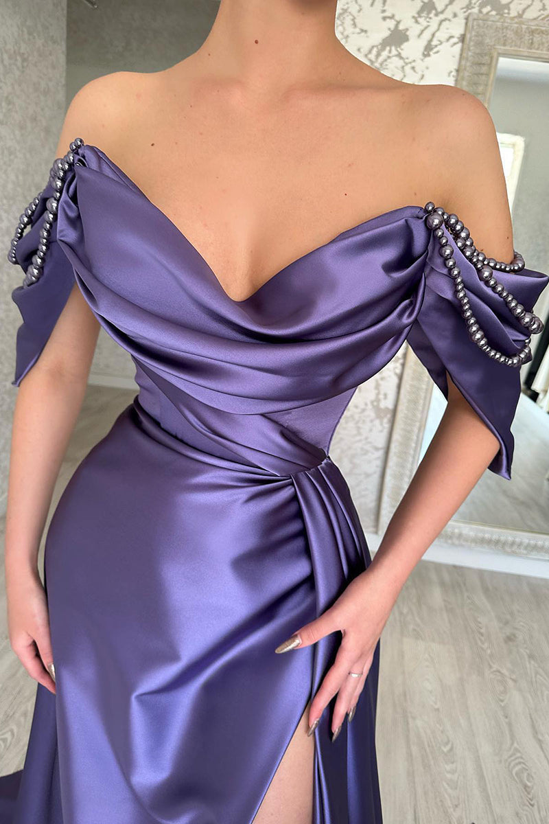 L1977 - Off-Shoulder Beaded Ruched Satin Sheath Long Evening Prom Dress With Slit