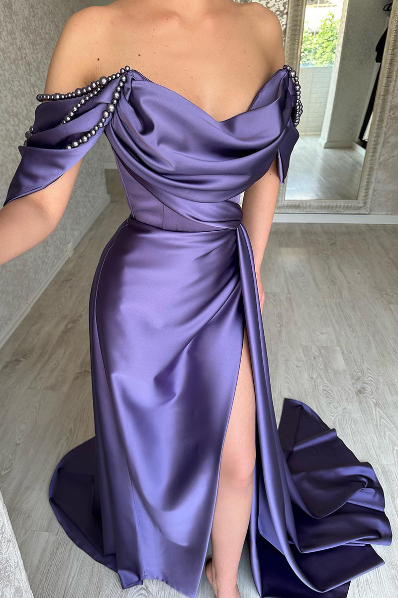 L1977 - Off-Shoulder Beaded Ruched Satin Sheath Long Evening Prom Dress With Slit