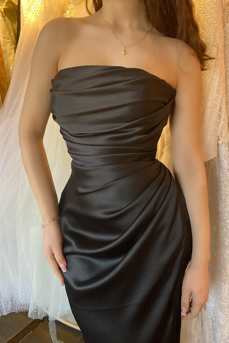 L1978 - Strapless Sleeveless Ruched Satin Sheath Long Evening Prom Dress With Slit
