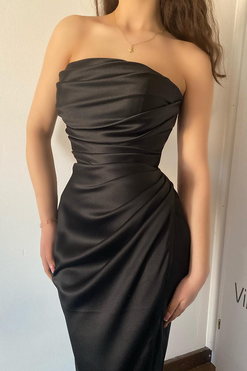 L1978 - Strapless Sleeveless Ruched Satin Sheath Long Evening Prom Dress With Slit