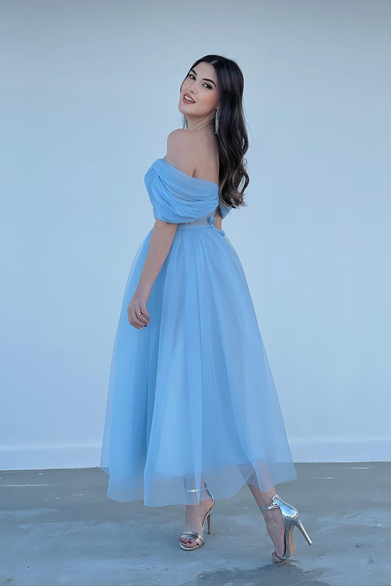 L1981 - Off-Shoulder Sleeveless Ruched Tulle A-Line Tea Length Evening Prom Dress