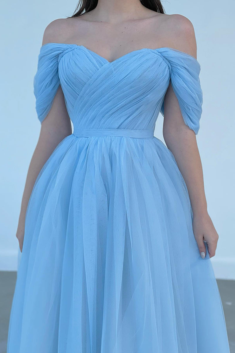 L1981 - Off-Shoulder Sleeveless Ruched Tulle A-Line Tea Length Evening Prom Dress