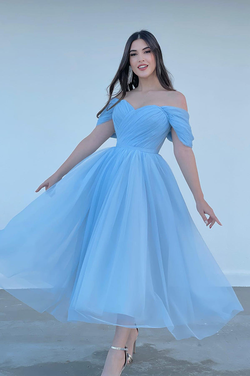 L1981 - Off-Shoulder Sleeveless Ruched Tulle A-Line Tea Length Evening Prom Dress