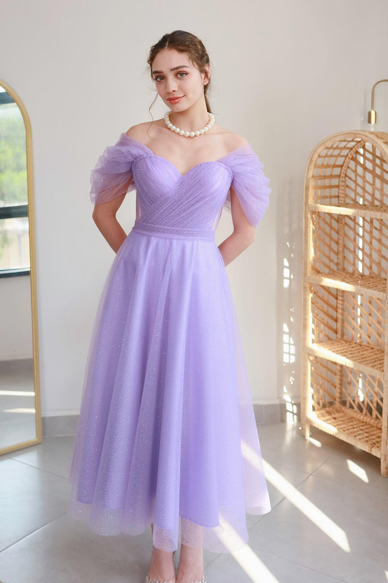 L1982 - Off-Shoulder Sleeveless Ruched Tulle A-Line Tea Length Evening Prom Dress