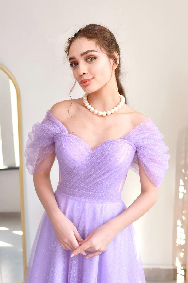 L1982 - Off-Shoulder Sleeveless Ruched Tulle A-Line Tea Length Evening Prom Dress