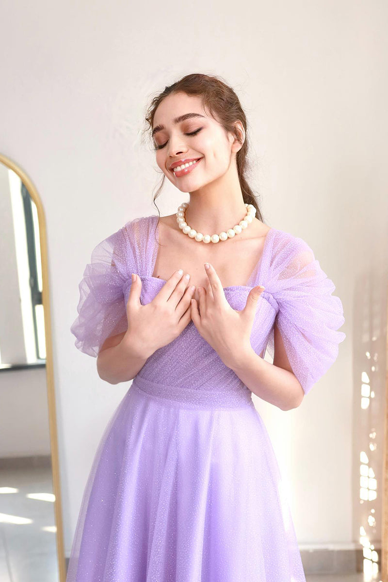 L1982 - Off-Shoulder Sleeveless Ruched Tulle A-Line Tea Length Evening Prom Dress