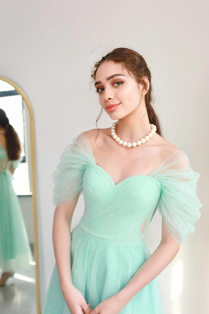 L1983 - Off-Shoulder Sleeveless Ruched Tulle A-Line Tea Length Evening Prom Dress
