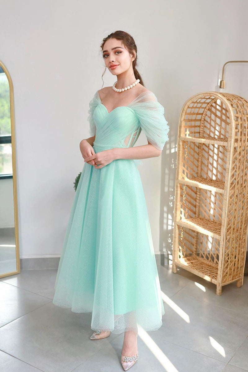 L1983 - Off-Shoulder Sleeveless Ruched Tulle A-Line Tea Length Evening Prom Dress