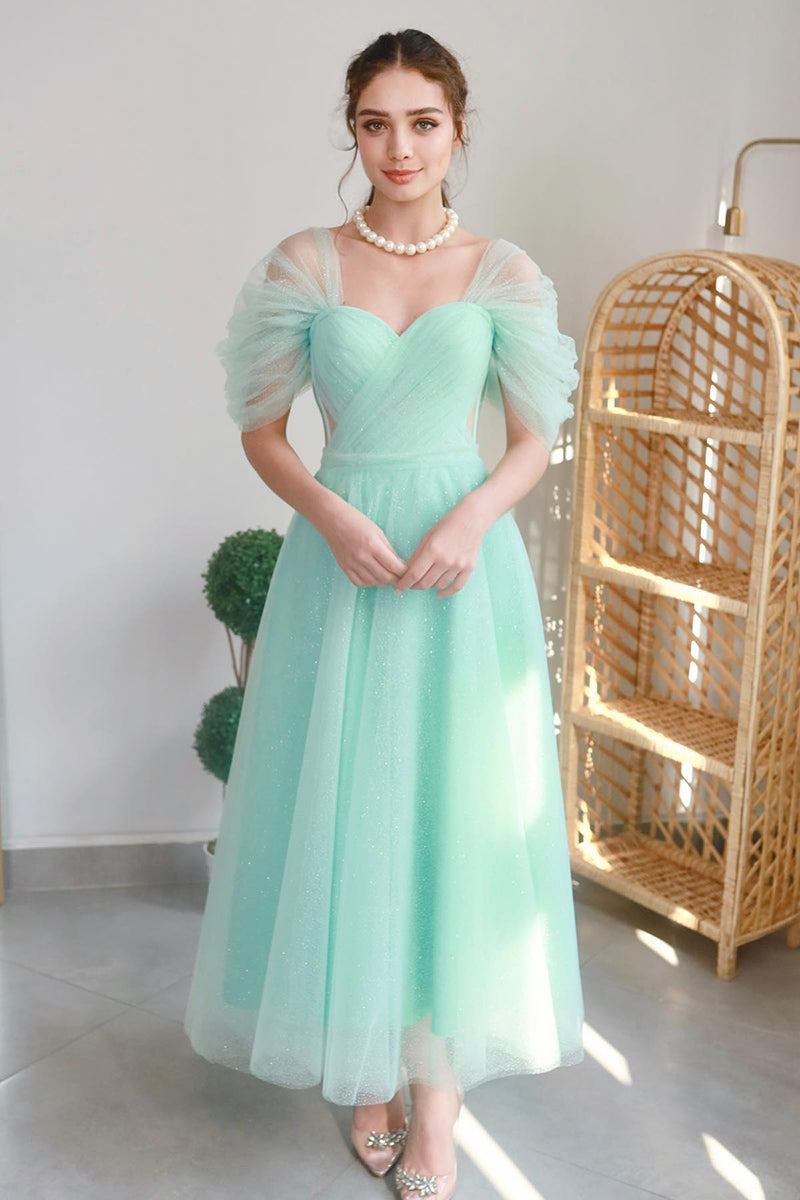 L1983 - Off-Shoulder Sleeveless Ruched Tulle A-Line Tea Length Evening Prom Dress