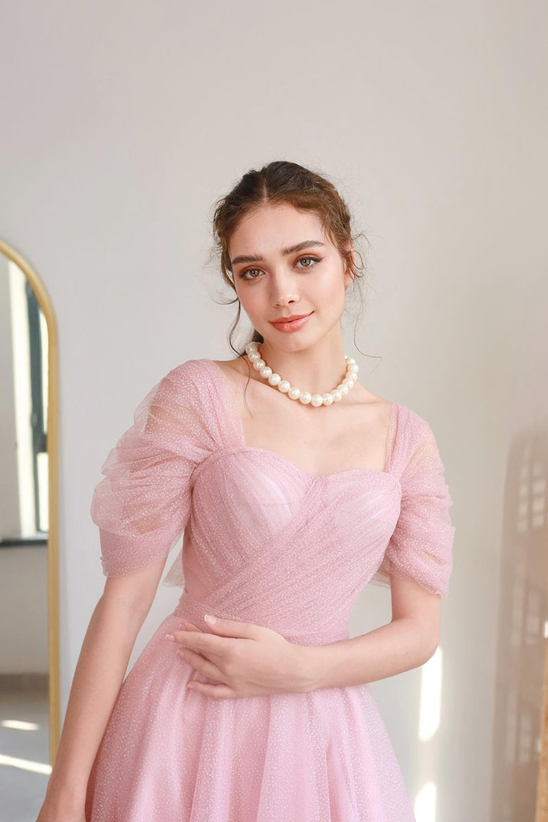 L1984 - Off-Shoulder Sleeveless Ruched Tulle A-Line Tea Length Evening Prom Dress